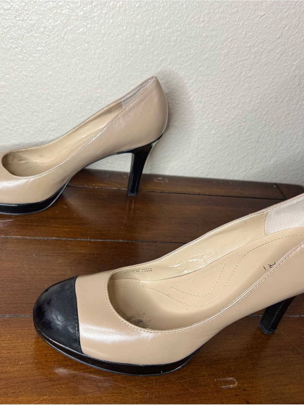 Tahari Beige and Black Leather Cap-Toe Pumps
